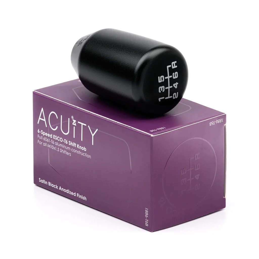 ESCO-T6 shift knob resting on its ACUITY retail box