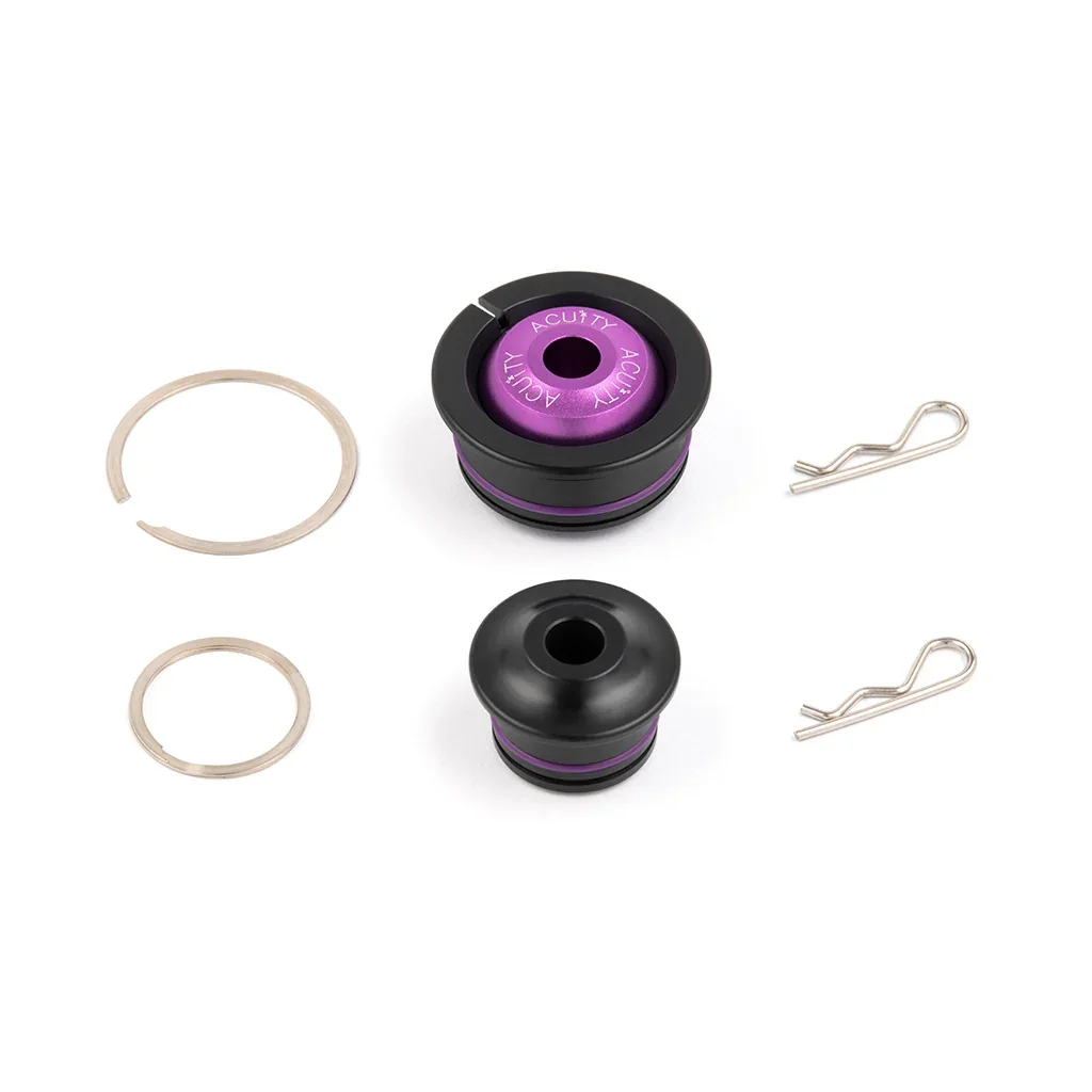 Complete kit layout: two bushings, single-turn and two-turn retaining rings, two cotter pins
