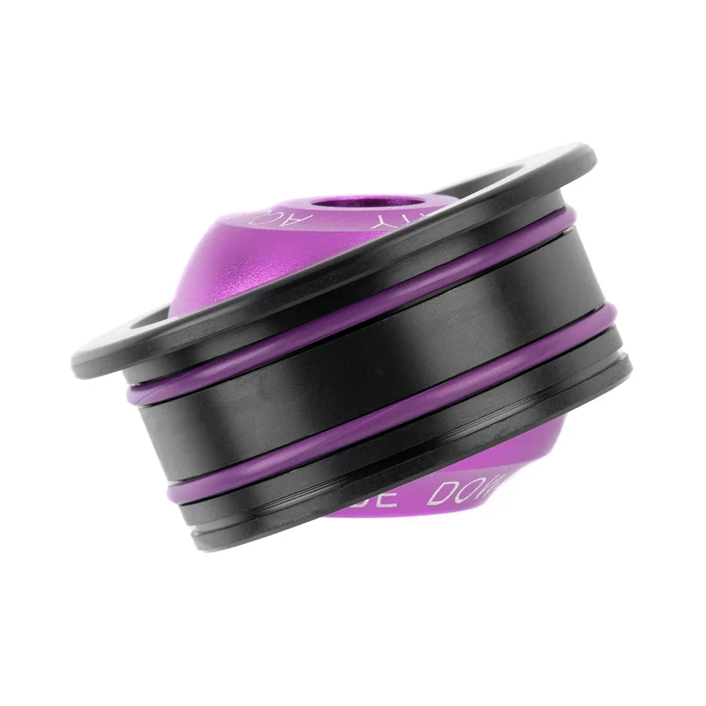 Spherical bushing tilted to show the purple aluminum spherical bearing